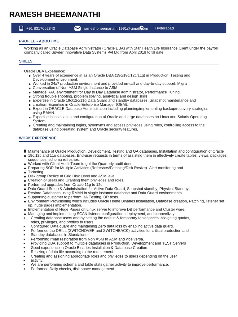 Oracle DBA Profile and Experience Summary | PDF | Databases | Backup