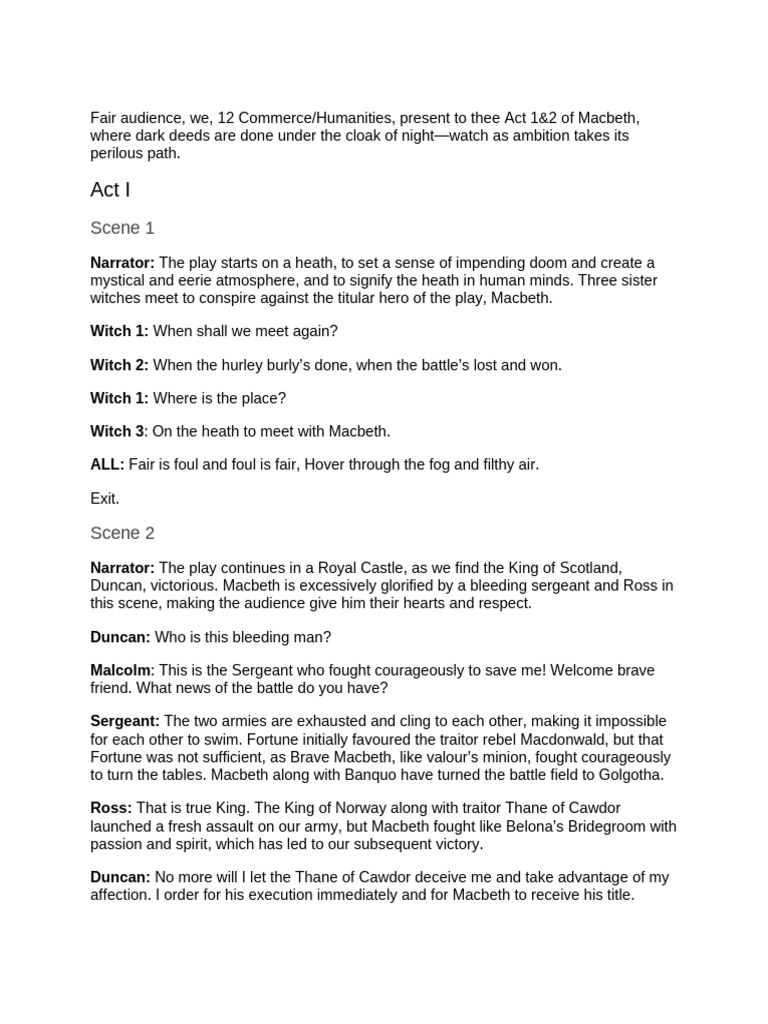 Macbeth Act 1 & 2 Summary Analysis | PDF | Macbeth | Shakespearean ...