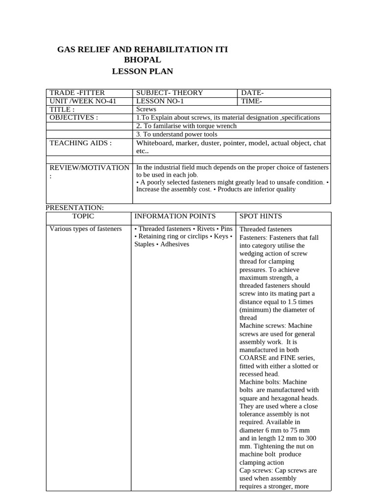 Fitter Lesson Plan 2nd Year | PDF | Screw | Nut (Hardware)