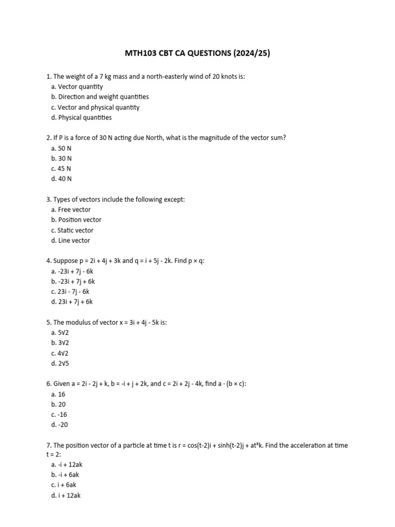 MTH103 CBT CA Questions | PDF | Euclidean Vector | Force
