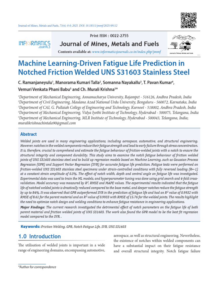 Journal of Mines, Metals and Fuels-Machine Learning-Driven Fatigue Life ...