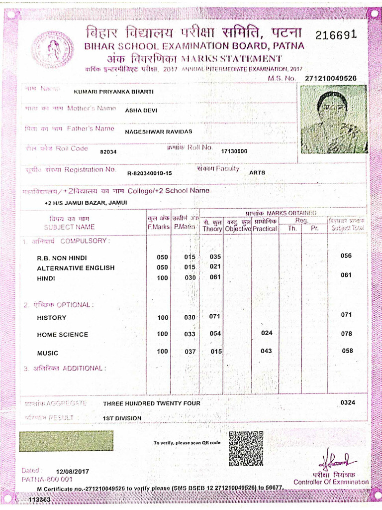 Priyanka Inter Marksheet | PDF