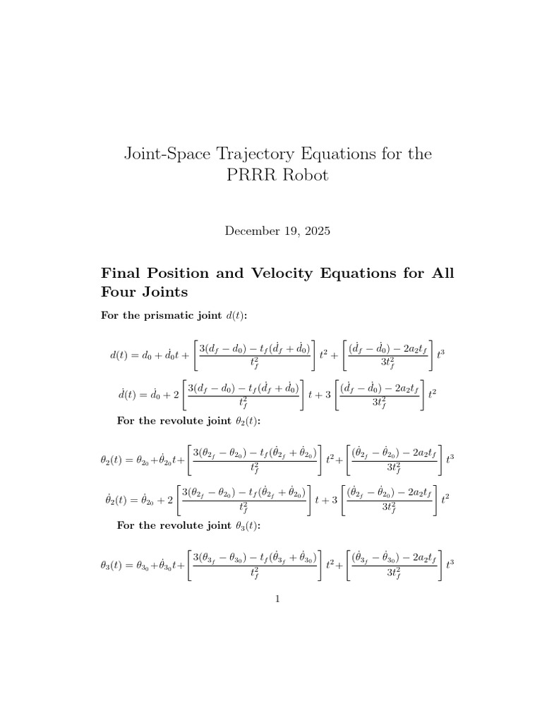 PRRR Robot Joint Trajectory Equations | PDF | Mechanics | Classical ...
