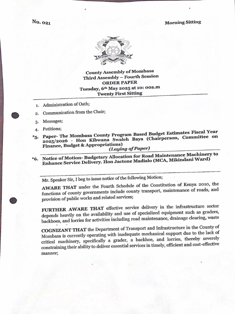 Order Paper No. 021 | PDF