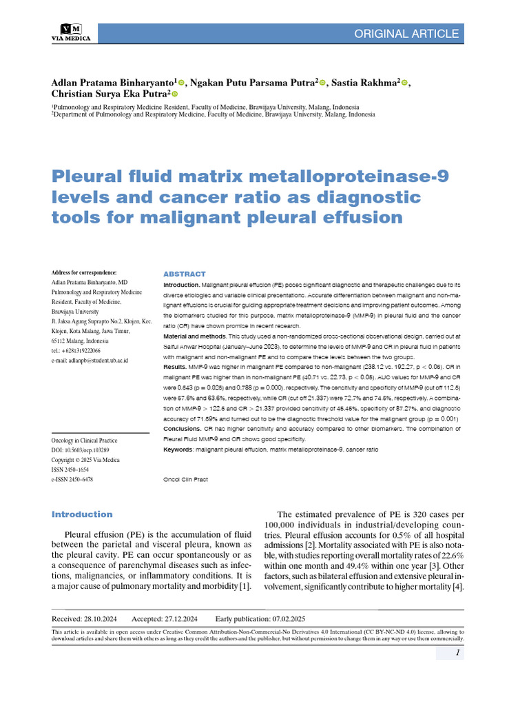1. Pleural Fluid Matrix Metalloproteinase-9 Levels and Cancer Ratio as ...