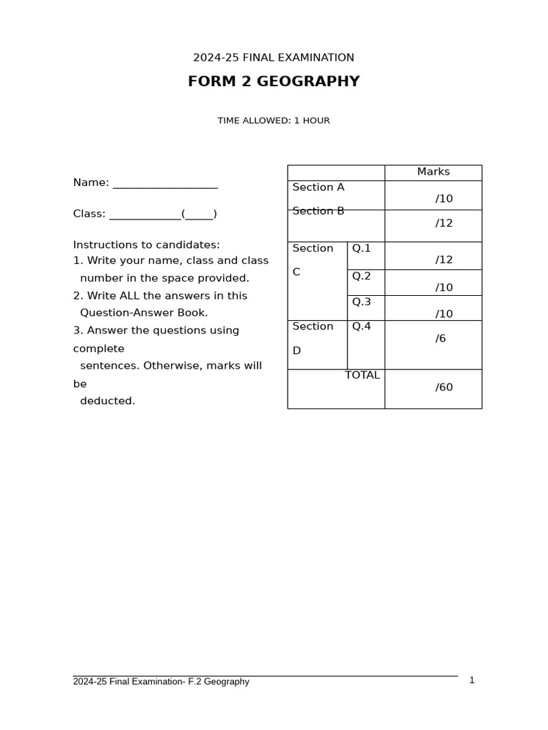 2024-25 F.2 Geography Final Exam Guide | PDF | Agriculture | Soil