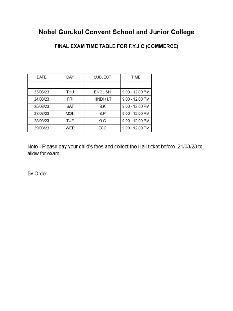 F.Y.J.C Commerce Exam Time Table 2023 | PDF