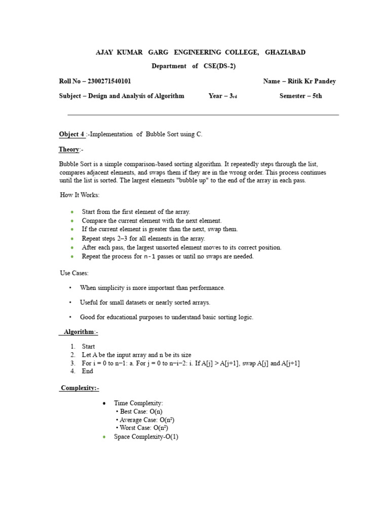 Bubble Sort Implementation in C | PDF