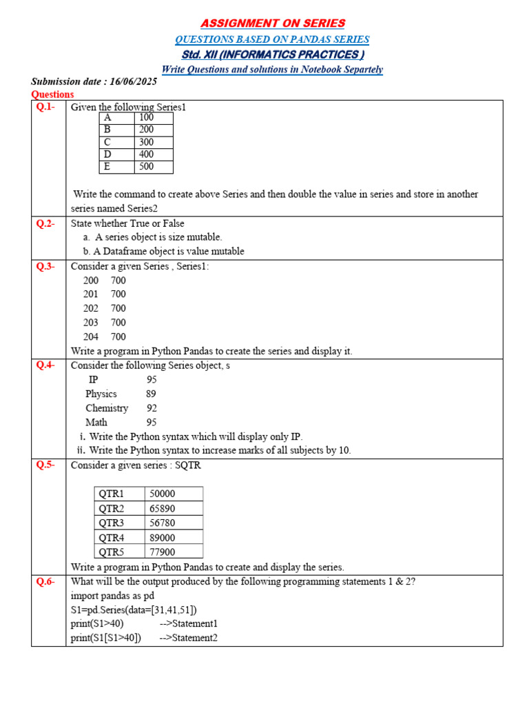 Pandas Series Assignment Questions | PDF | Computer Programming ...