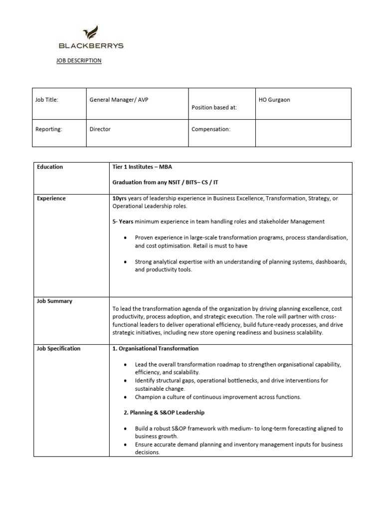 General Manager Job Description - Transformation Lead | PDF ...