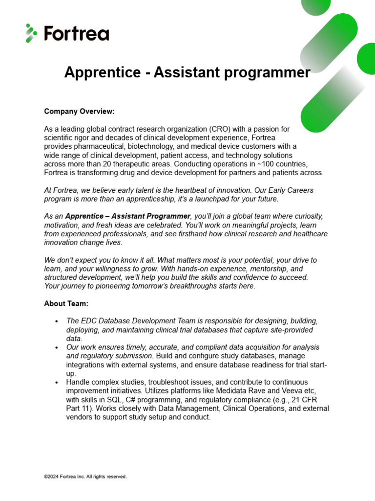 Apprentice Programmer Role at Fortrea | PDF | Databases | Clinical Trial