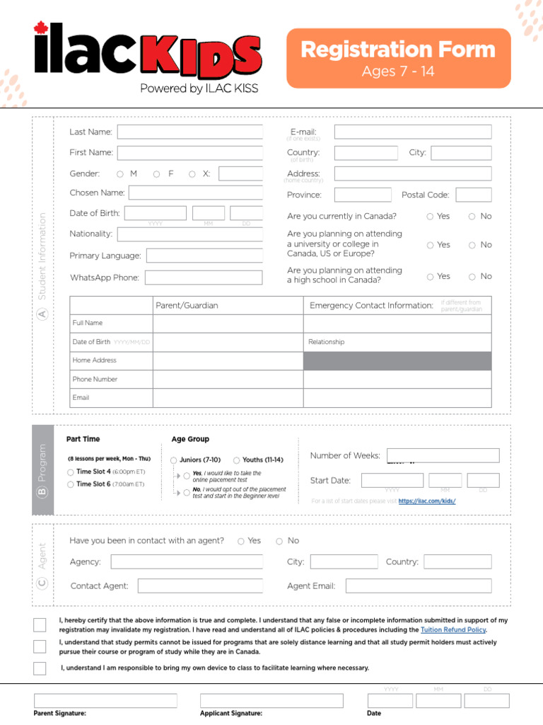 Student Registration Form for Ages 7-14 | PDF
