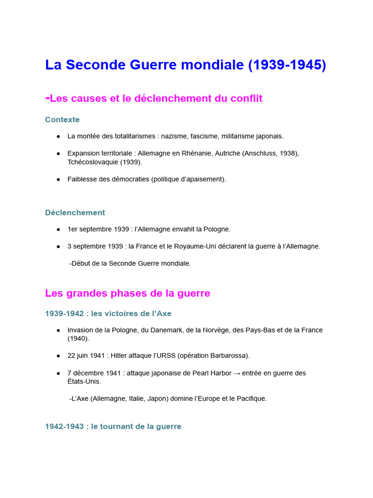 Causes et phases de la Seconde Guerre mondiale | PDF | Seconde Guerre ...