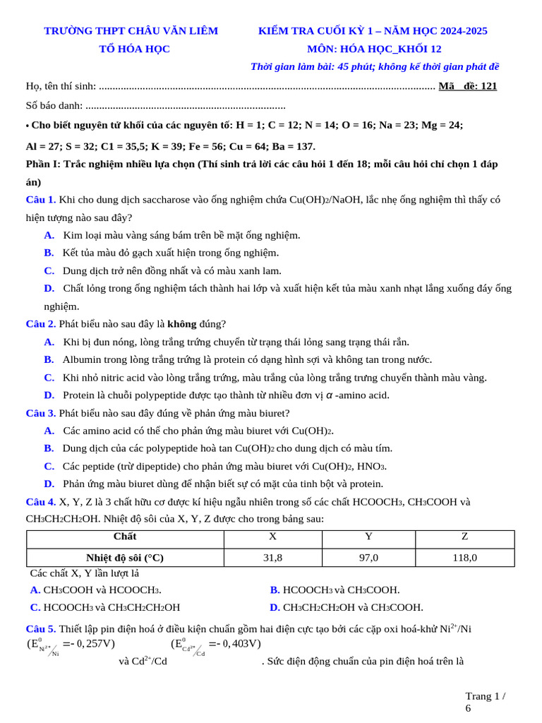MÃ ĐỀ 121 | PDF