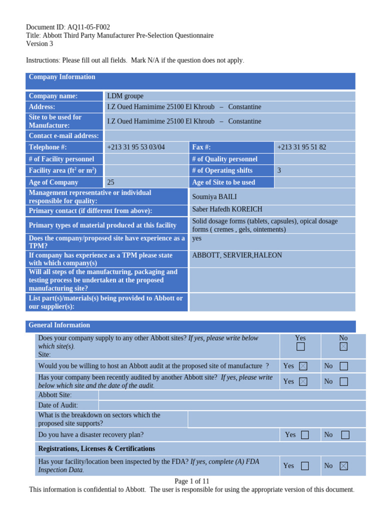 Abbott TPM Pre-Selection Questionnaire | PDF | Verification And ...