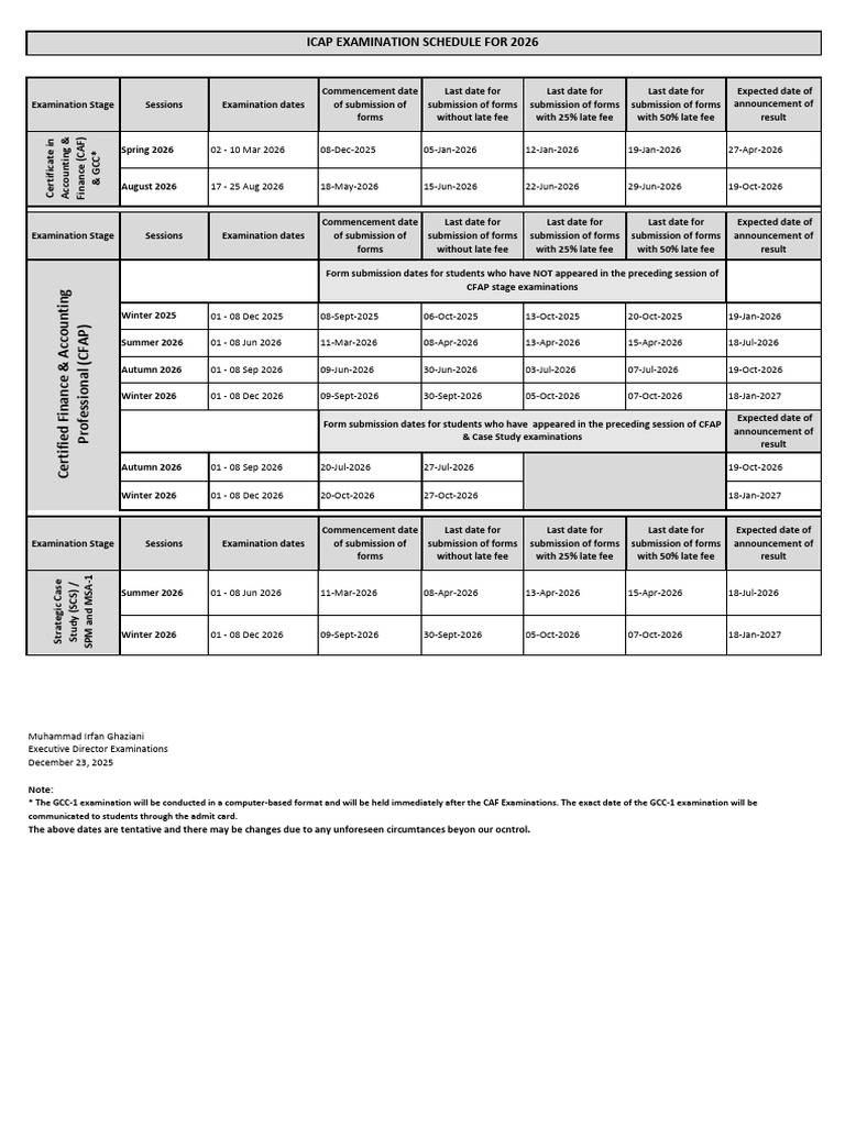 ICAP 2026 Examination Schedule Details | PDF