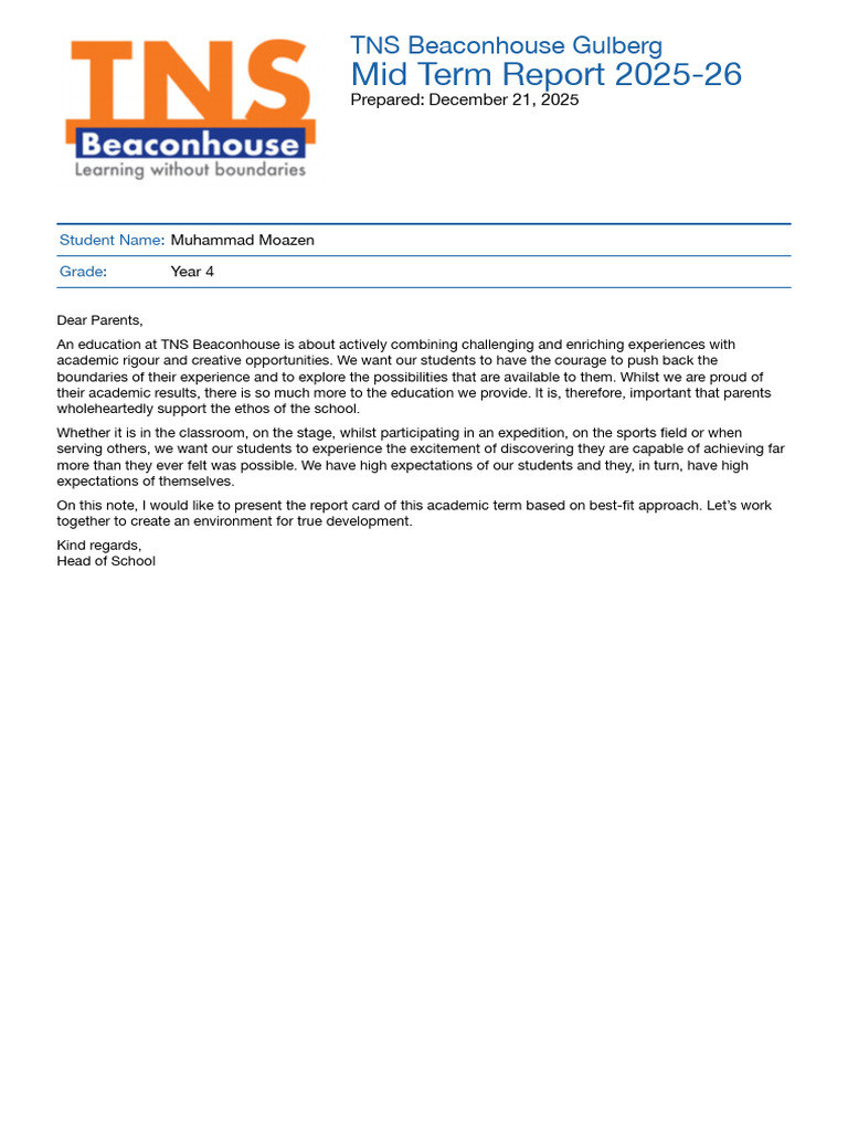 TNS Beaconhouse Gulberg Mid Term Report | PDF | Educational Assessment ...