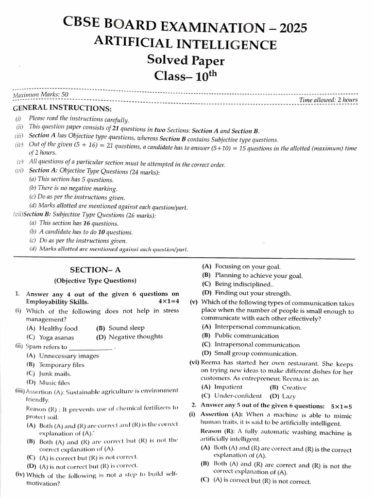 CBSE Class 10 AI Solved Paper 2025 | PDF | Machine Learning | Comma ...