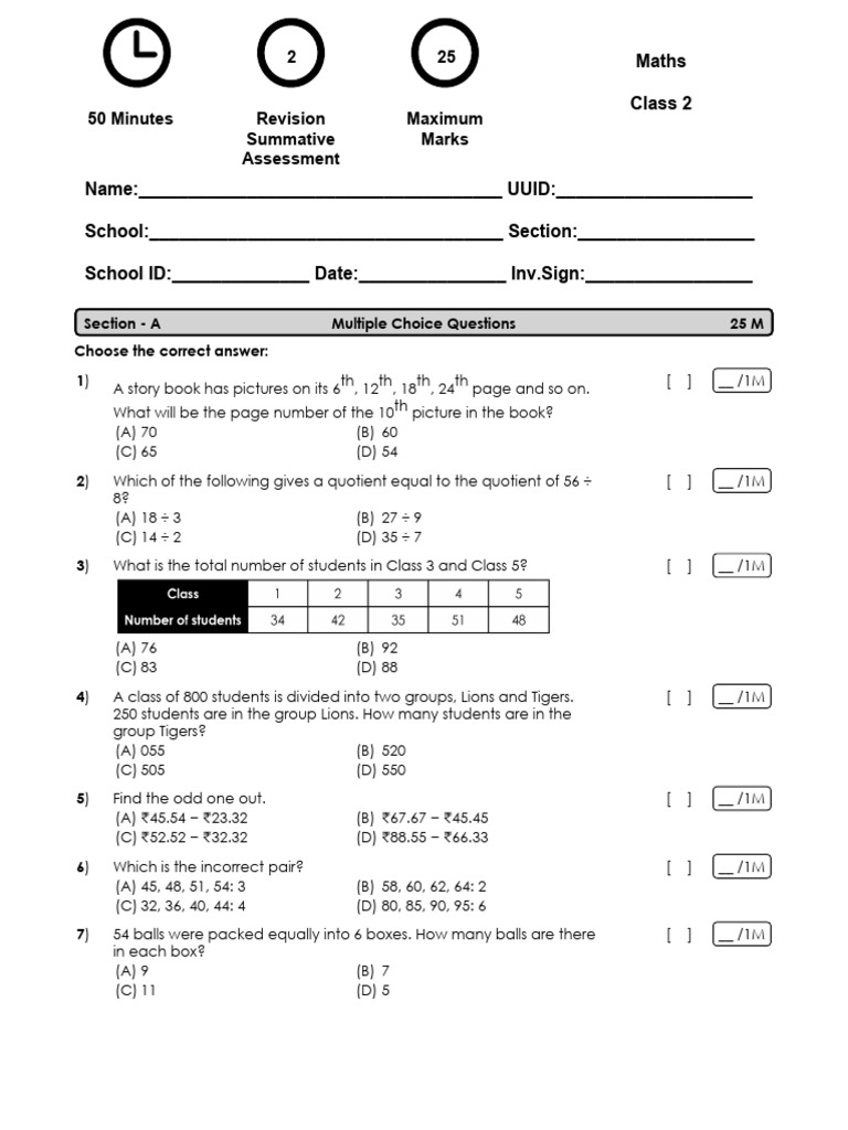 Class 2 Maths Assessment Questions | PDF | Arithmetic | Elementary ...