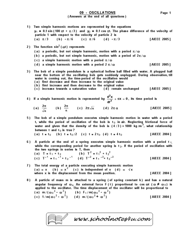 Worksheets Simple Harmonic Motion Worksheet 09 oscillations physics mathematics physics