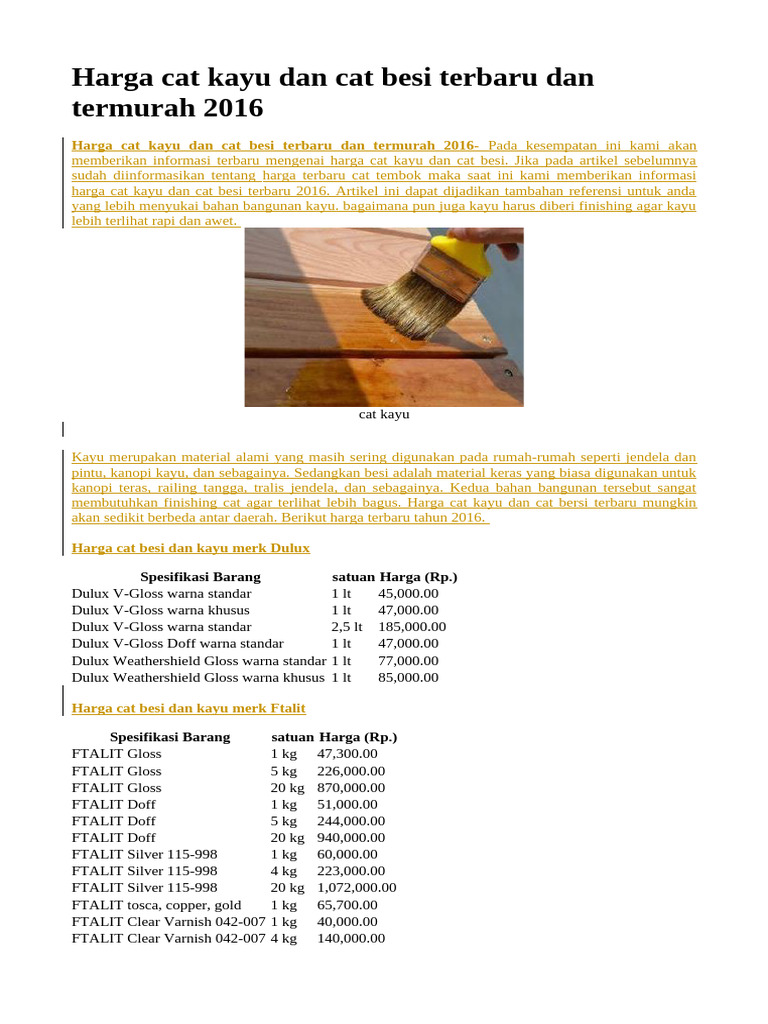 Harga Cat Kayu dan Besi 2016 Terbaru | PDF