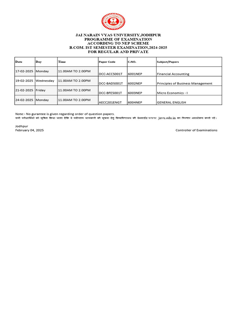 B.Com 1st Semester Exam Schedule 2025 | PDF