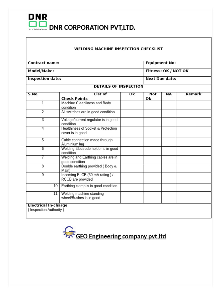 Welding Machine Inspection Checklist | PDF