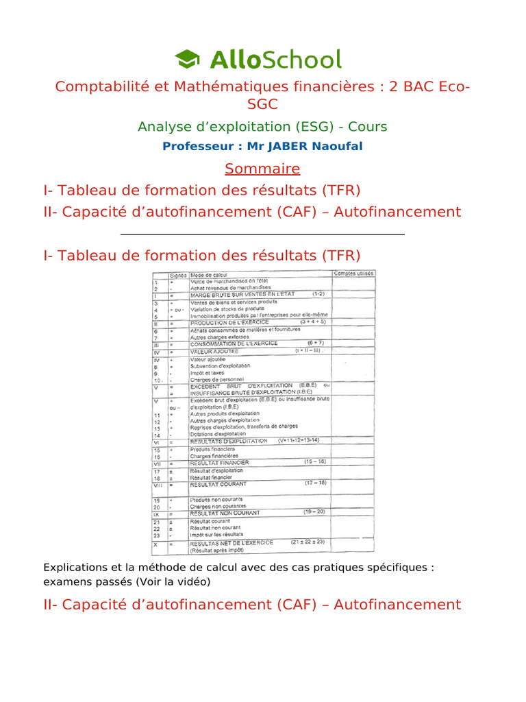 Comptabilité : TFR et CAF expliqués | PDF