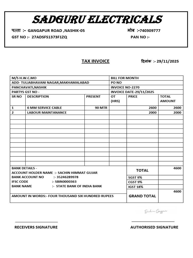 Tax Invoice for Electrical Services | PDF