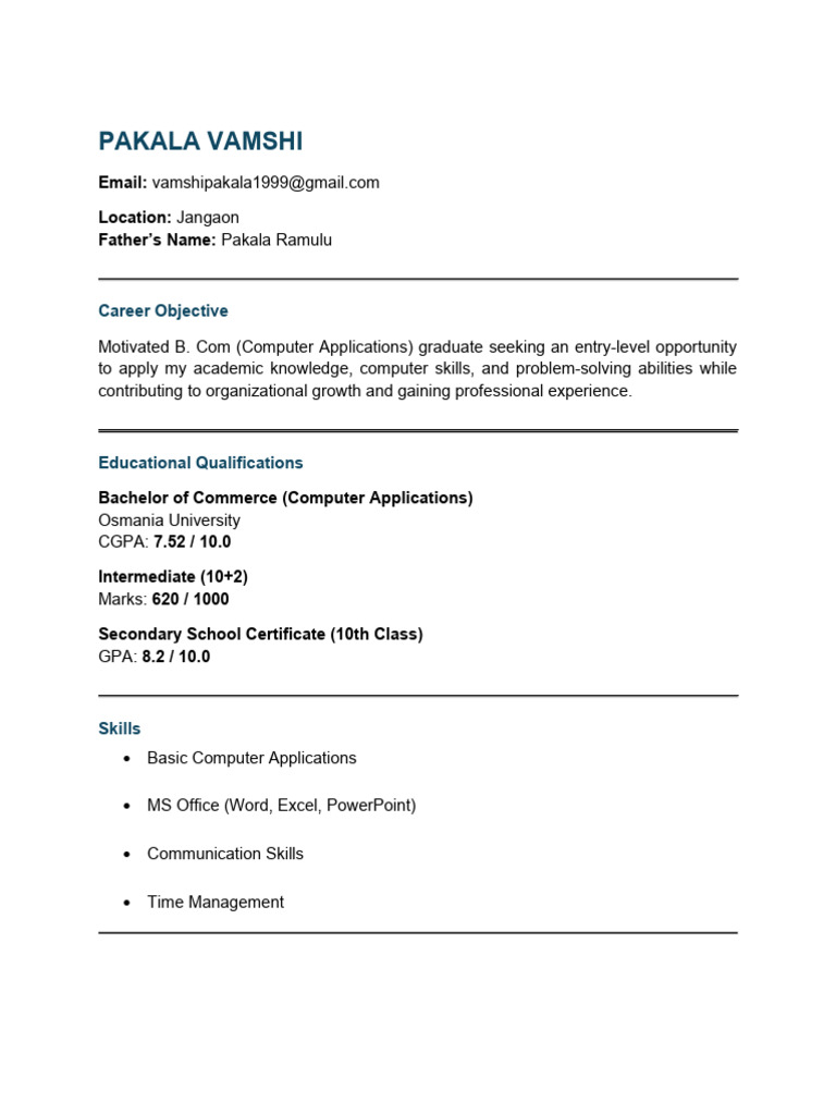Entry-Level B.Com Graduate Resume | PDF