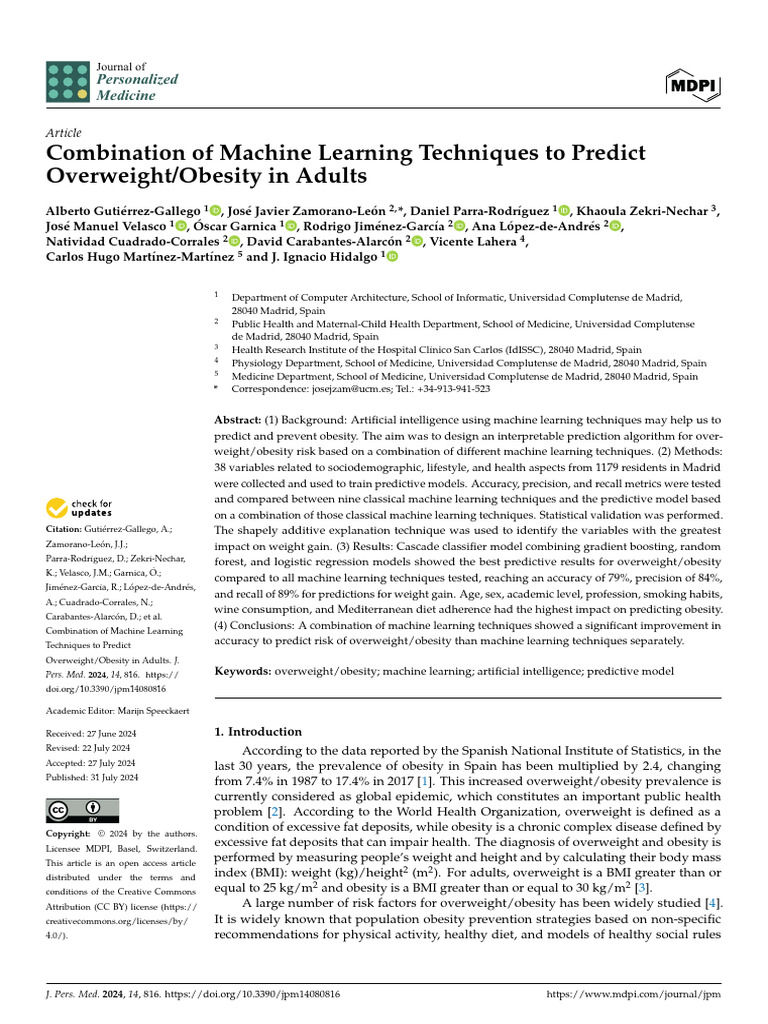 Combination of Machine Learning Techniques To Predict OverweightObesity ...