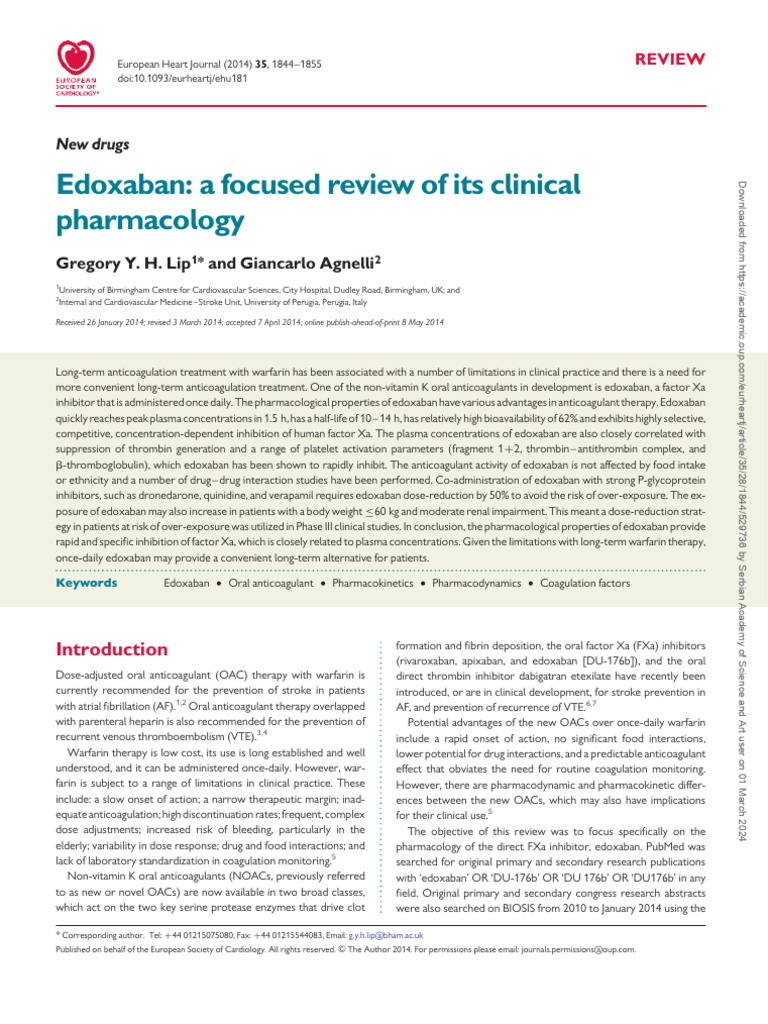 Edoxaban: Clinical Pharmacology Review | PDF | Pharmacokinetics | Thrombus