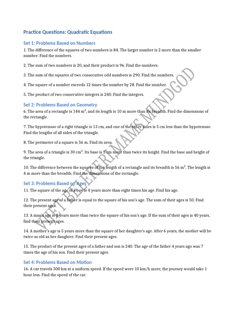 Quadratic Equations Practice Problems | PDF | Area | Elementary Mathematics
