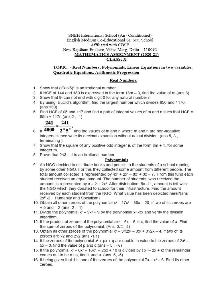 Class X Mathematics Assignment 2020-21 | PDF | Numbers | Square Root