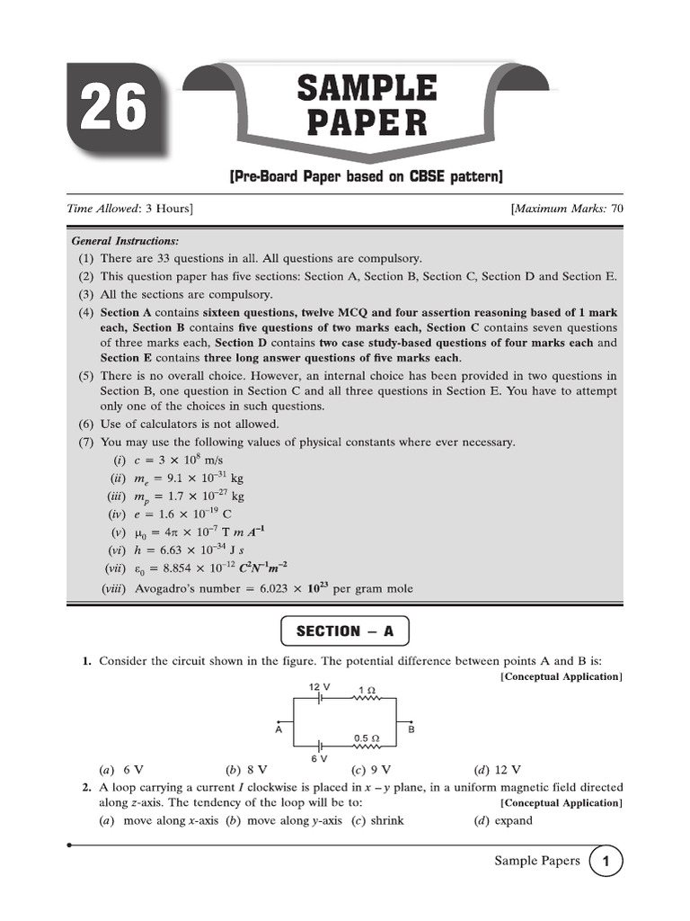 Cbse Cl12 Ead Physics 2026 Edition Pre-Board Paper 26 | PDF
