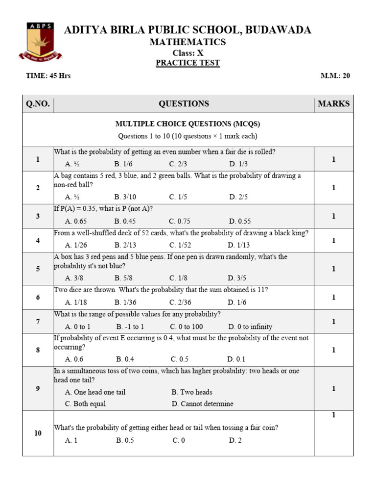 Class X Mathematics Probability Test | PDF | Probability | Statistical ...