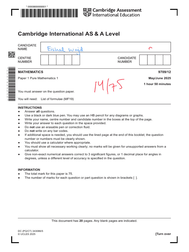 Cambridge AS & A Level Math Paper 1 | PDF | Equations | Mathematics