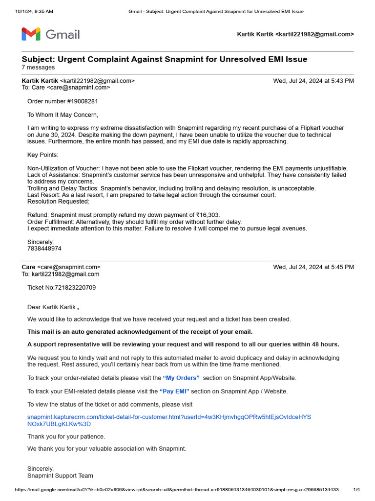 Snapmint EMI Complaint Resolution Request | PDF