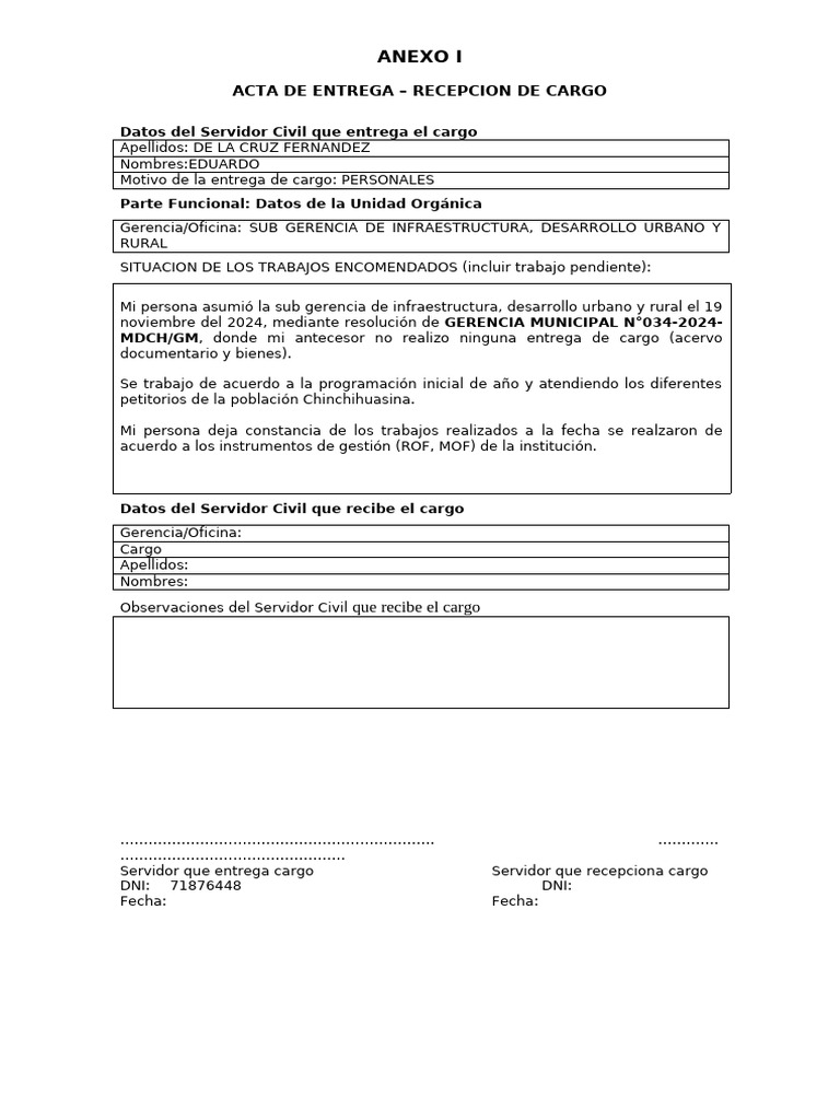 Acta de Entrega de Cargo Municipal | PDF | Informática
