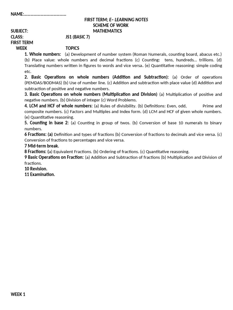 JS1 Mathematics E-Learning Notes | PDF | Multiplication | Numbers
