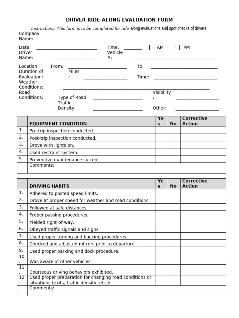 Driver Ride-Along Evaluation Form | PDF | Traffic | Driving