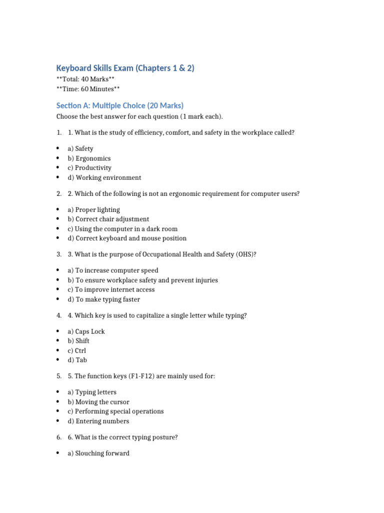 Keyboard Skills Exam: Chapters 1 & 2 | PDF | Computer Keyboard ...