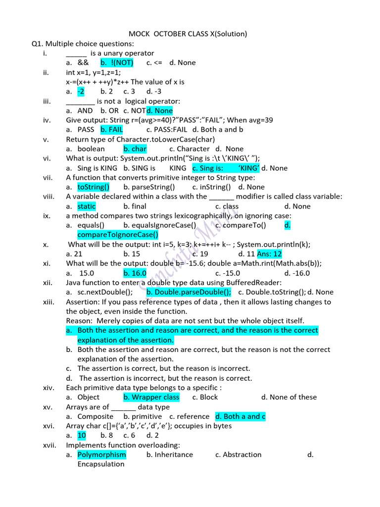 Mock 5 October Class X_solution | PDF | Constructor (Object Oriented ...