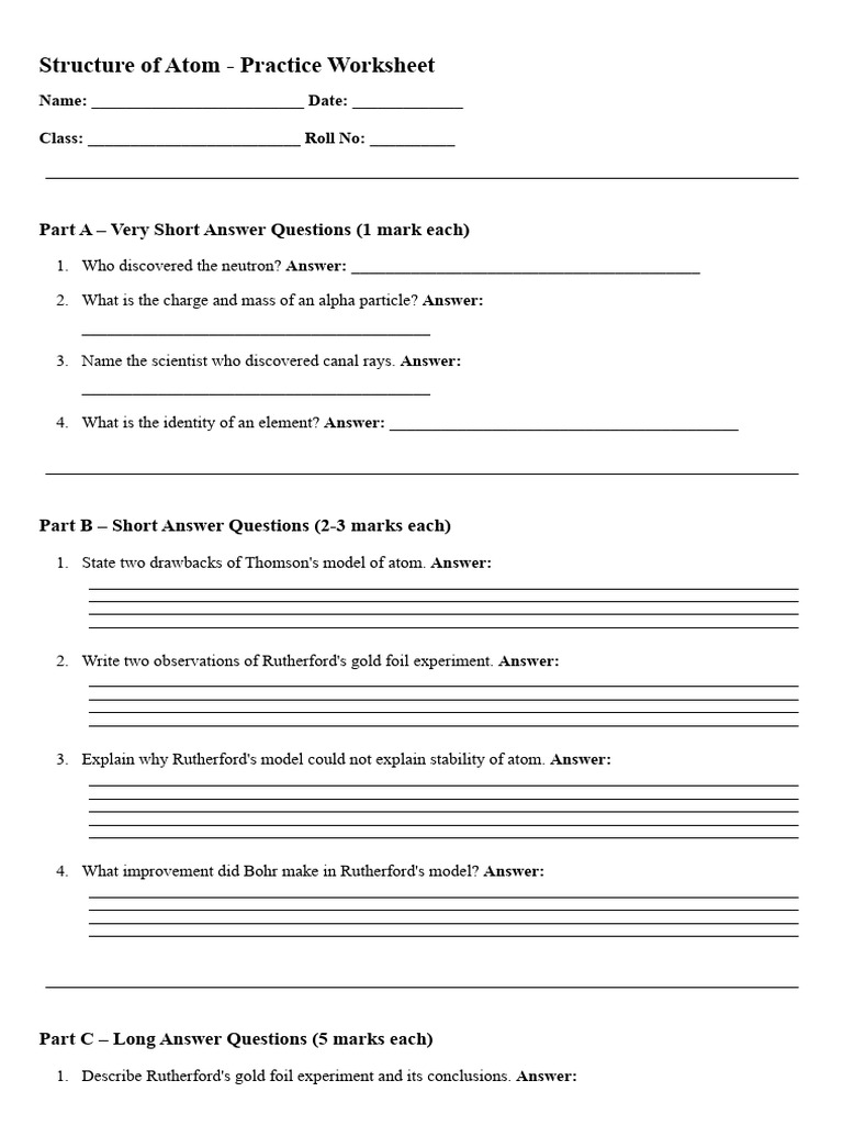 Structure of Atom - Practice Worksheet | PDF