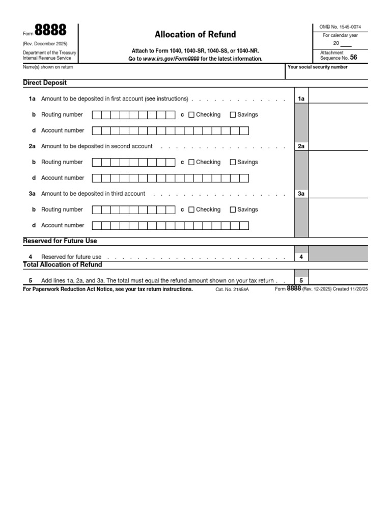 IRS Form 8888: Refund Allocation Guide | PDF | Tax Refund | Individual ...