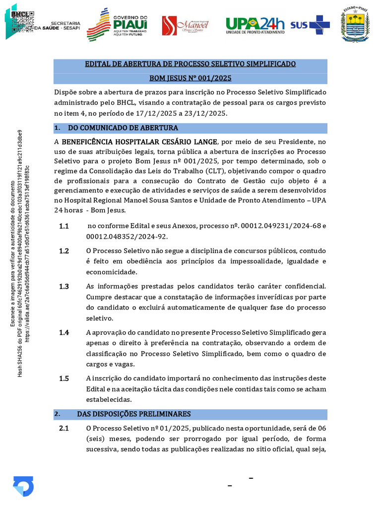 Processo Seletivo BHCL 2025: Inscrições Abertas | PDF