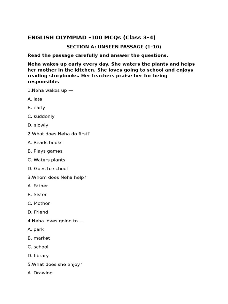 English Olympiad MCQs for Class 3-4 | PDF | Language Mechanics | Languages