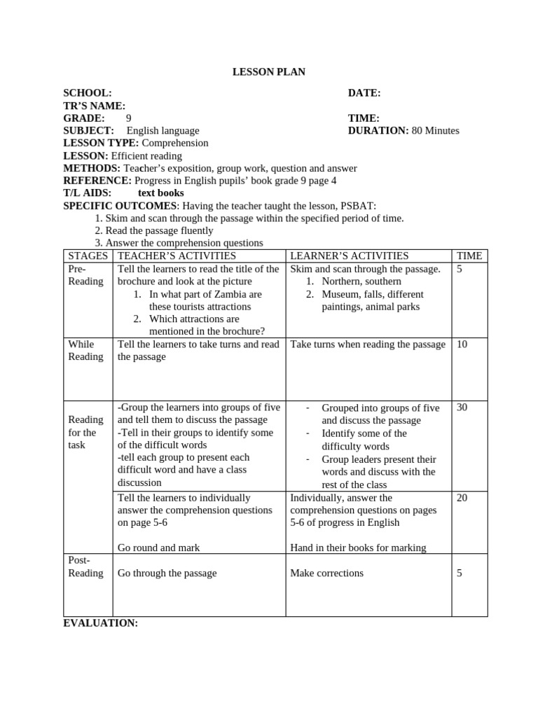 Grade 9 English Reading Comprehension Plan | PDF | Reading ...