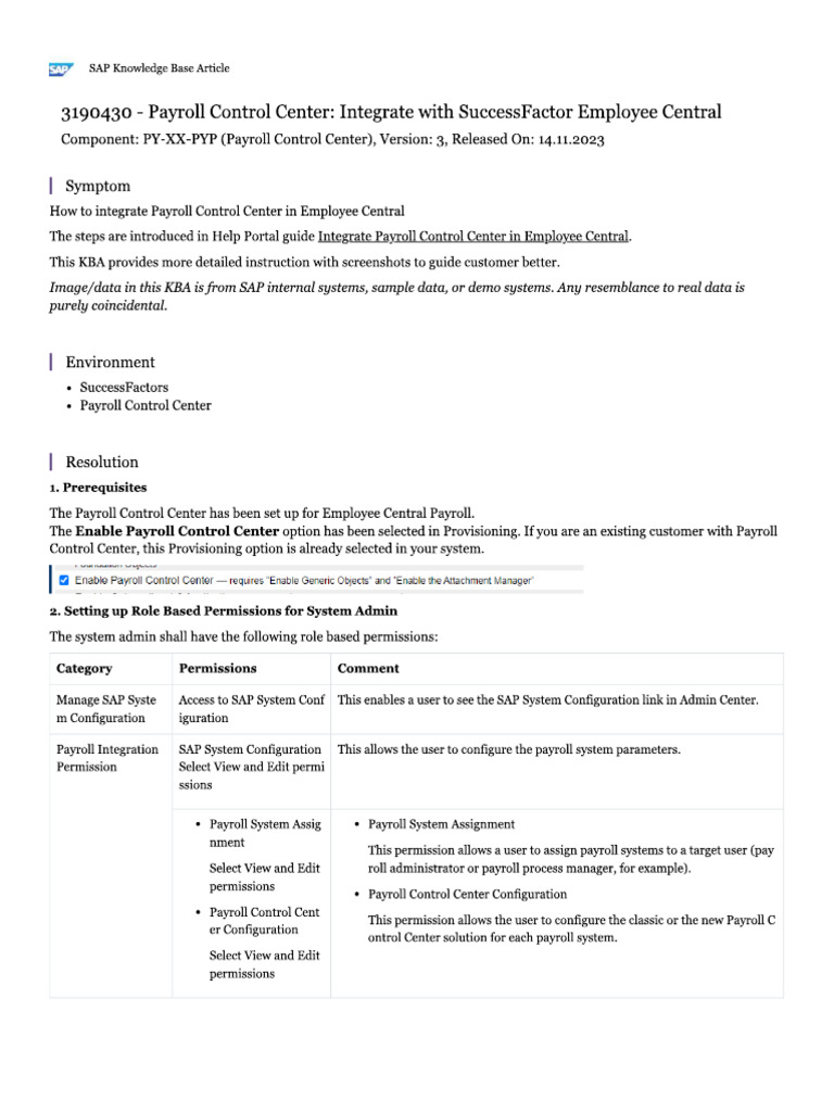 Payroll Control Center Integrate With SuccessFactor Employee Central | PDF