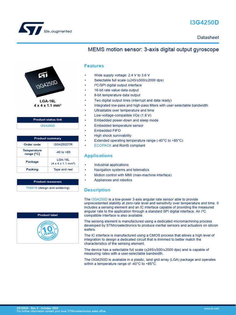 3-Axis Angular Rate Sensor I3G4250D | PDF | Electrostatic Discharge ...